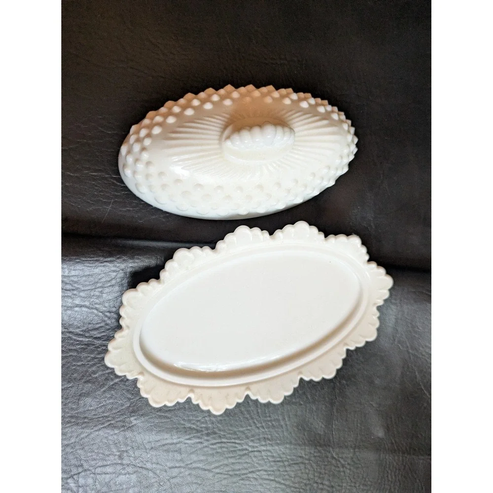 Fenton White Milk Glass Hobnail Butter Dish Scalloped Edge Vintage Mid Century